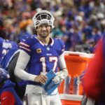 Bills Josh Allen is all smiles as the Bills take a huge lead over Jacksonville during second half action at Highmark Stadium in Orchard Park on Sept. 23, 2024.
