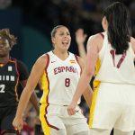 Aug 7, 2024; Paris, France; Spain power forward Maria Araujo (8) celebrates with center Megan Gustafson (17) in the first quarter against Belgium during the Paris 2024 Olympic Summer Games at Accor Arena.