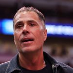 CHICAGO, ILLINOIS - MARCH 27: Vice President of Basketball Operations and General Manager Rob Pelinka of the Los Angeles Lakers looks on prior to the game against the Chicago Bulls on March 27, 2025 in Chicago, Illinois. NOTE TO USER: User expressly acknowledges and agrees that, by downloading and or using this photograph, User is consenting to the terms and conditions of the Getty Images License Agreement. (Photo by Michael Reaves/Getty Images)