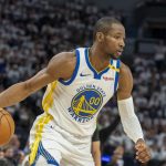 May 8, 2025; Minneapolis, Minnesota, USA; Golden State Warriors forward Jonathan Kuminga (00) dribbles the ball against the Minnesota Timberwolves in the second half during game two of the second round for the 2025 NBA Playoffs at Target Center. Mandatory Credit: Jesse Johnson-Imagn Image
