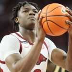 New Lakers Rookie Adou Thiero shoots a free throw while with the University of Arkansas