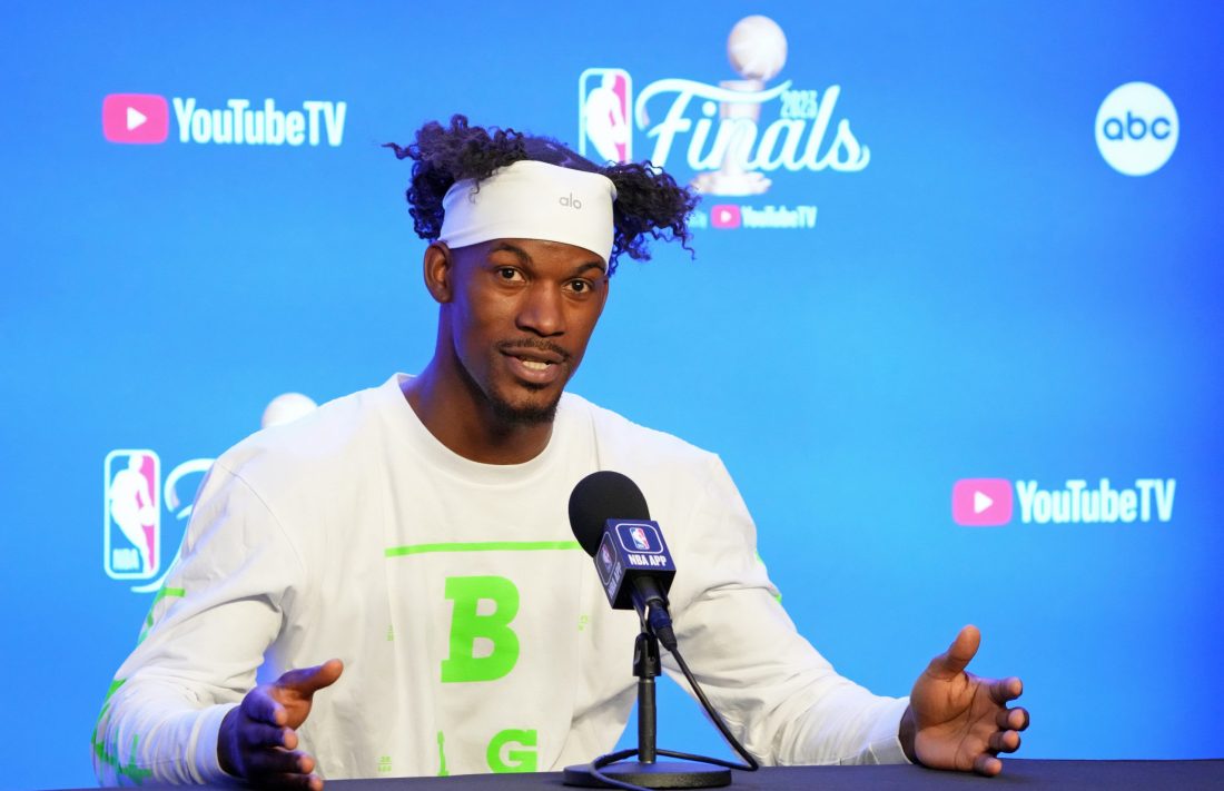 May 31, 2023; Denver, CO, USA; Miami Heat forward Jimmy Butler (22) talks to the media on media day before the 2023 NBA Finals at Ball Arena.