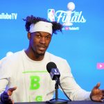 May 31, 2023; Denver, CO, USA; Miami Heat forward Jimmy Butler (22) talks to the media on media day before the 2023 NBA Finals at Ball Arena.