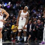 Jan 8, 2024; Los Angeles, California, USA; Phoenix Suns guard Devin Booker (1) and guard Bradley Beal (3) and forward Kevin Durant (35) stands on the floor during the fourth quarter against the Los Angeles Clippers at Crypto.com Arena. Mandatory Credit: Kiyoshi Mio-USA TODAY Sports