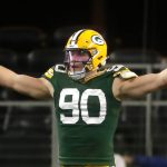 Green Bay Packers linebacker Lukas Van Ness (90) reacts against the Dallas Cowboys during the fourth quarter of their wild card playoff game Sunday, January 14, 2024 at AT&T Stadium in Arlington, Texas. Green Bay defeated Dallas 48-32.