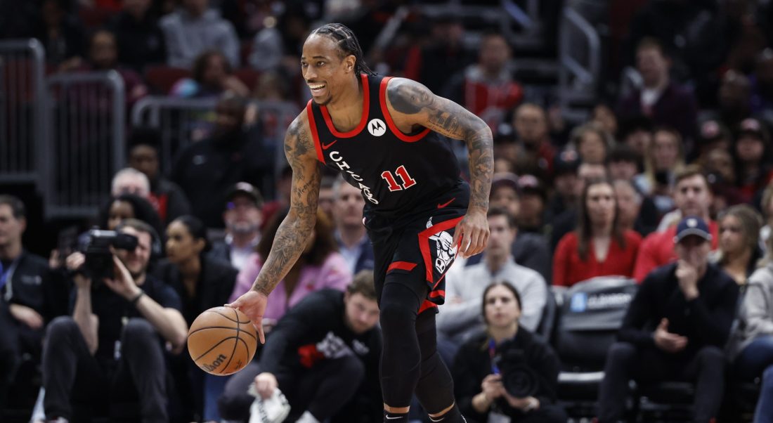 Apr 1, 2024; Chicago, Illinois, USA; Chicago Bulls forward DeMar DeRozan (11) brings the ball up court against the Atlanta Hawks during the first half at United Center.