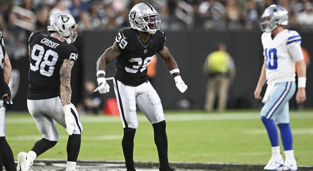 Aug 17, 2024; Paradise, Nevada, USA; Las Vegas Raiders cornerback Nate Hobbs (39) reacts to a play against the Dallas Cowboys in the first quarter at Allegiant Stadium. Mandatory Credit: Candice Ward-USA TODAY Sports