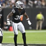 Aug 17, 2024; Paradise, Nevada, USA; Las Vegas Raiders cornerback Nate Hobbs (39) reacts to a play against the Dallas Cowboys in the first quarter at Allegiant Stadium. Mandatory Credit: Candice Ward-USA TODAY Sports