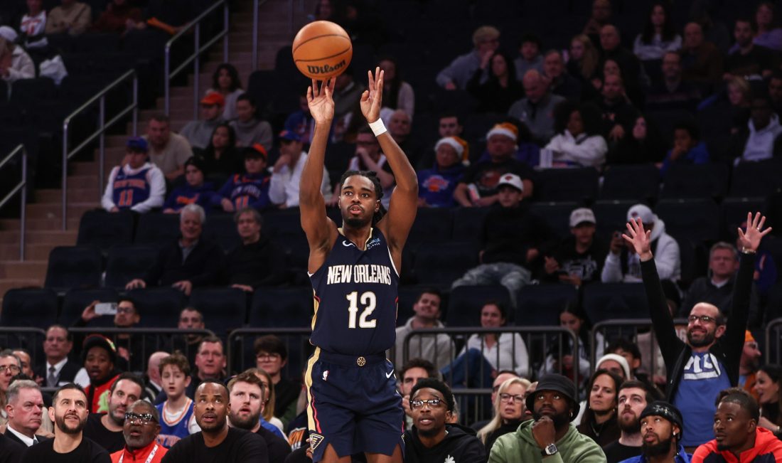 Dec 1, 2024; New York, New York, USA; New Orleans Pelicans guard Antonio Reeves (12) at Madison Square Garden.