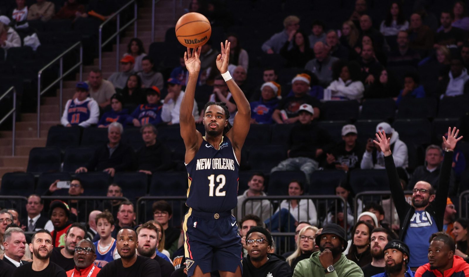 Dec 1, 2024; New York, New York, USA; New Orleans Pelicans guard Antonio Reeves (12) at Madison Square Garden.