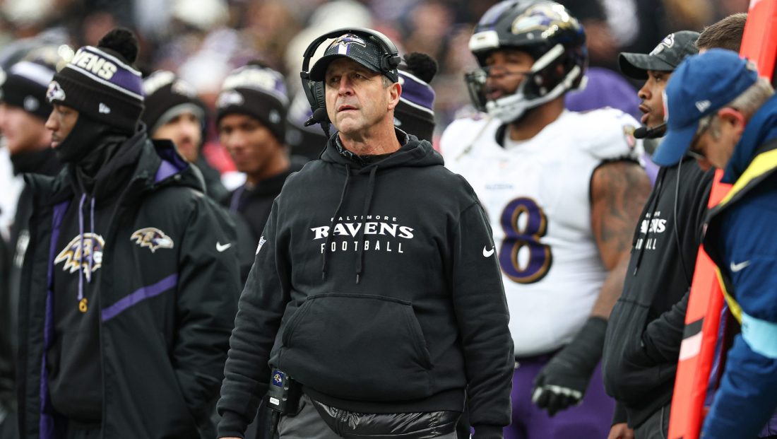 Dec 15, 2024; East Rutherford, New Jersey, USA; Baltimore Ravens head coach John Harbaugh looks on during the first half against the New York Giants at MetLife Stadium.