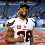 Jan 5, 2025; Nashville, Tennessee, USA; Houston Texans running back Joe Mixon (28) smiles as he leaves the field against the Tennessee Titans during the second half at Nissan Stadium.