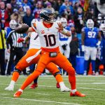 Denver Broncos quarterback Bo Nix (10) throws a. Pass during the first half of the Buffalo Bills wild card game against the Denver Broncos at Highmark Stadium in Orchard Park on Jan. 12, 2025.