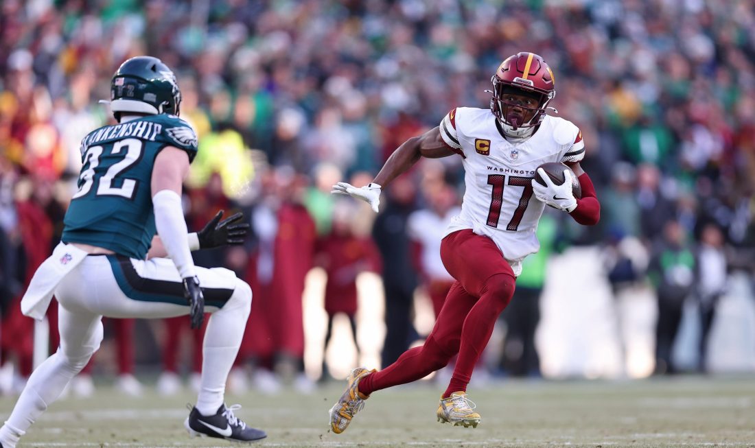 Jan 26, 2025; Philadelphia, PA, USA; Washington Commanders wide receiver Terry McLaurin (17) runs with the ball for a touchdown against the Philadelphia Eagles during the first half in the NFC Championship game at Lincoln Financial Field.