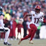 Jan 26, 2025; Philadelphia, PA, USA; Washington Commanders wide receiver Terry McLaurin (17) runs with the ball for a touchdown against the Philadelphia Eagles during the first half in the NFC Championship game at Lincoln Financial Field.