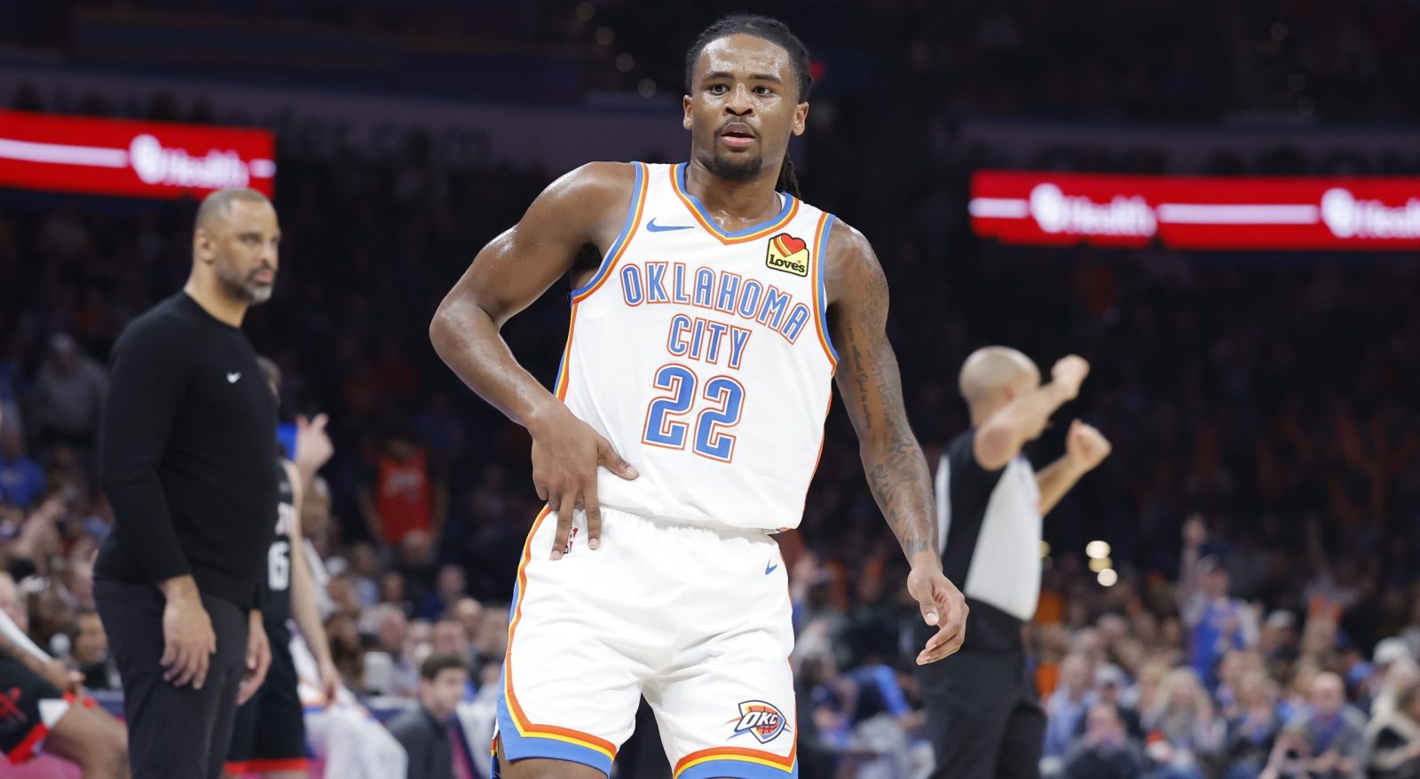 Mar 3, 2025; Oklahoma City, Oklahoma, USA; Oklahoma City Thunder guard Cason Wallace (22) gestures after making a three point basket against the Houston Rockets during the second quarter at Paycom Center. Mandatory Credit: Alonzo Adams-Imagn Images