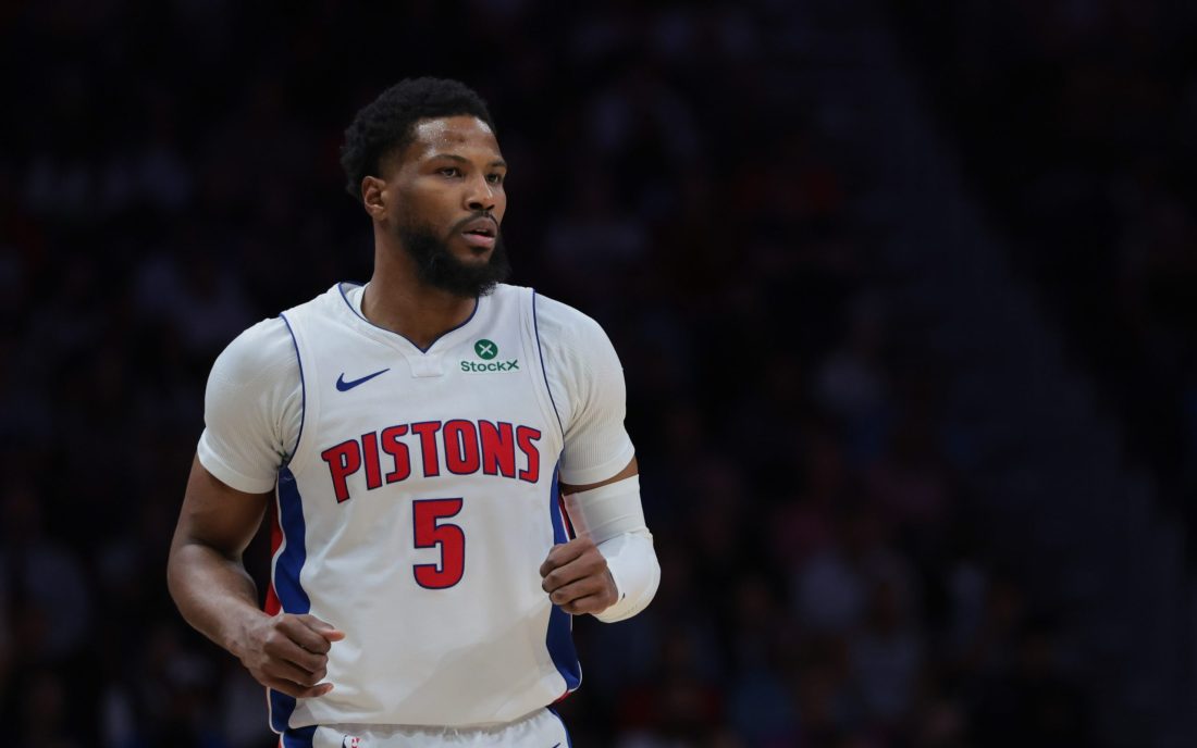 Mar 19, 2025; Miami, Florida, USA; Detroit Pistons guard Malik Beasley (5) looks on against the Miami Heat during the fourth quarter at Kaseya Center.