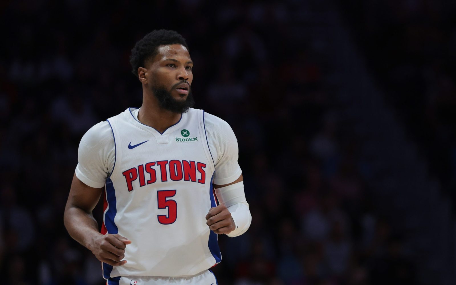 Mar 19, 2025; Miami, Florida, USA; Detroit Pistons guard Malik Beasley (5) looks on against the Miami Heat during the fourth quarter at Kaseya Center.