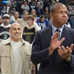 Mar 28, 2025; Minneapolis, Minnesota, USA; Minnesota Timberwolves minority owners Marc Lore and Alex Rodriguez celebrate the team's win over the Phoenix Suns at Target Center. Mandatory Credit: