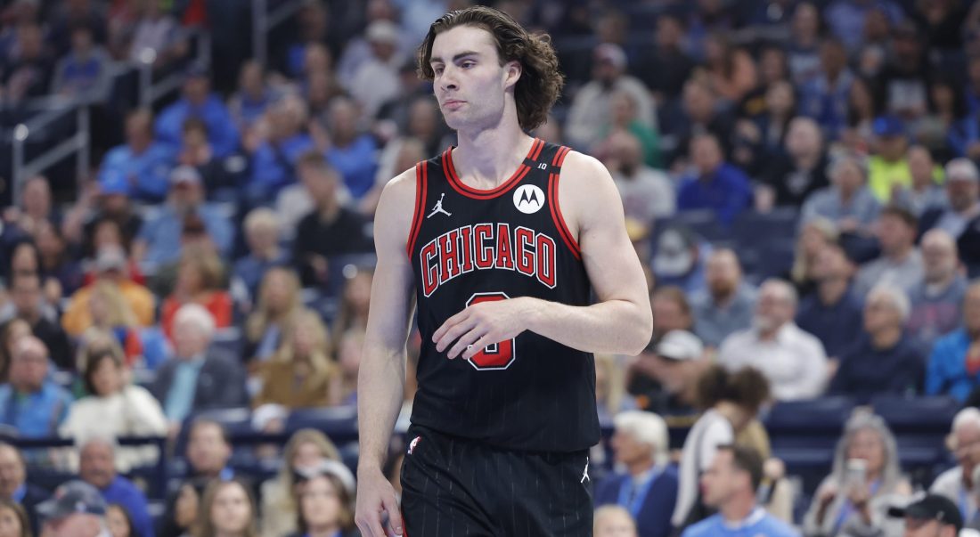 Mar 31, 2025; Oklahoma City, Oklahoma, USA; Chicago Bulls guard Josh Giddey (3) stands during the first quarter against the Oklahoma City Thunder at Paycom Center. Mandatory Credit: Alonzo Adams-Imagn Images