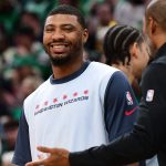 Apr 6, 2025; Boston, Massachusetts, USA; Washington Wizards guard Marcus Smart (36) smiles during a timeout in the first half again the Boston Celtics at TD Garden. Mandatory Credit: Bob DeChiara-Imagn Images