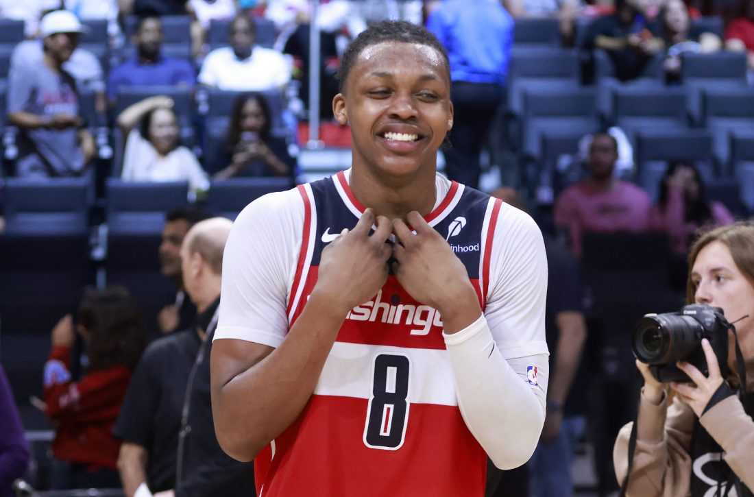Apr 13, 2025; Miami, Florida, USA; Washington Wizards guard Bub Carrington (8) reacts after the Wizards win against the Miami Heat at Kaseya Center. Mandatory Credit: Rhona Wise-Imagn Images