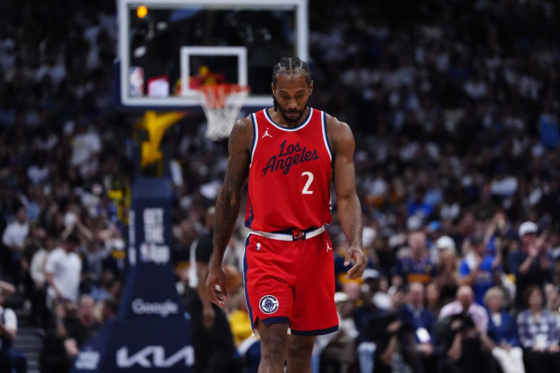 May 3, 2025; Denver, Colorado, USA; LA Clippers forward Kawhi Leonard (2) during the third quarter against the Denver Nuggets during game seven of first round for the 2025 NBA Playoffs at Ball Arena.