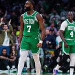 Boston Celtics guard Jaylen Brown (7) react after a play against the New York Knicks in the second quarter during game two of the second round for the 2025 NBA Playoffs at TD Garden.