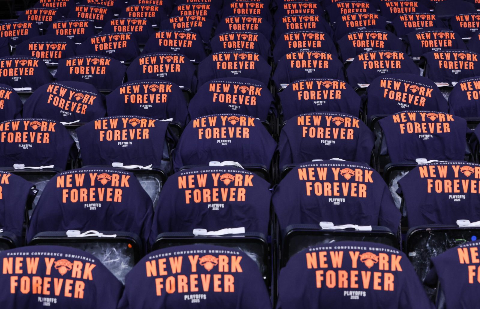 May 10, 2025; New York, New York, USA; T-shirts for the fans are placed on the seats prior to game three of the second round for the 2025 NBA Playoffs between the Boston Celtics and the New York Knicks at Madison Square Garden.