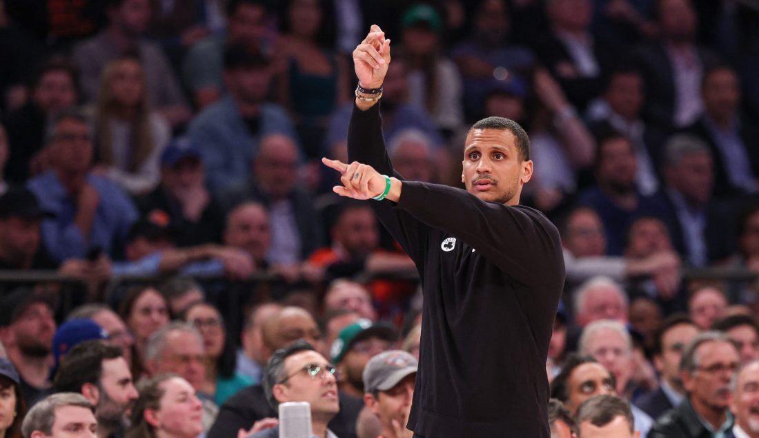May 12, 2025; New York, New York, USA; Boston Celtics head coach Joe Mazzulla reacts in the second half during game four of the second round for the 2025 NBA Playoffs against the New York Knicks at Madison Square Garden.