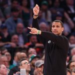 May 12, 2025; New York, New York, USA; Boston Celtics head coach Joe Mazzulla reacts in the second half during game four of the second round for the 2025 NBA Playoffs against the New York Knicks at Madison Square Garden.