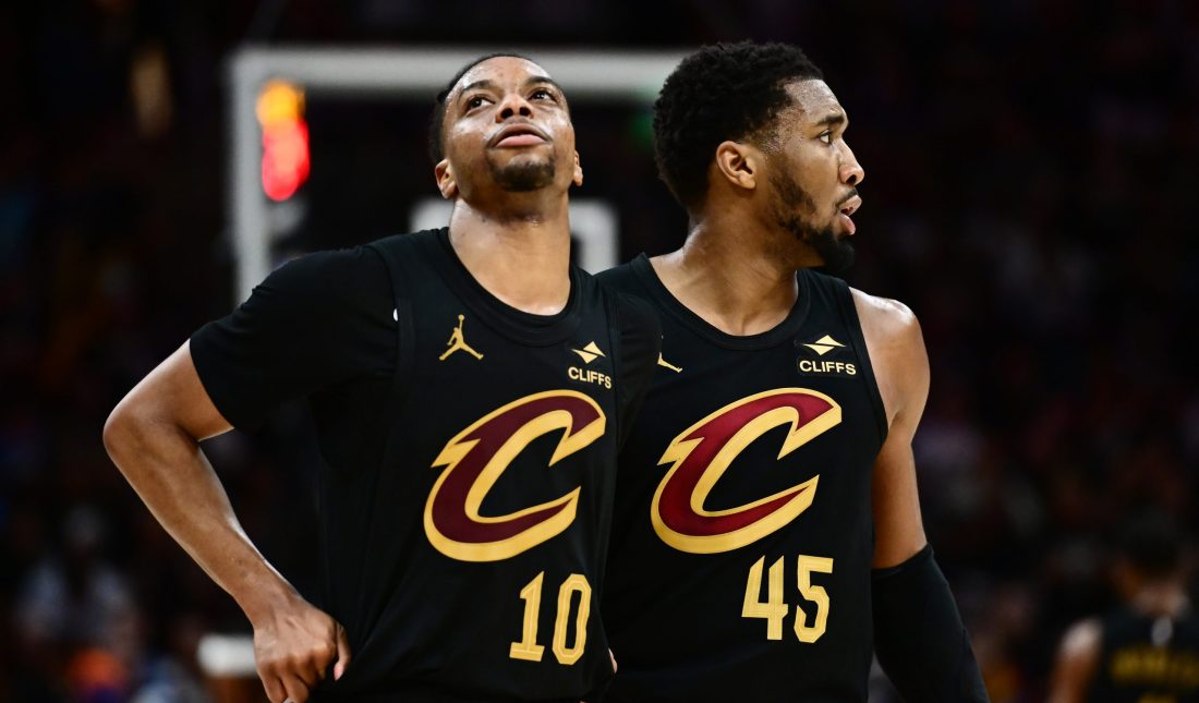 May 13, 2025; Cleveland, Ohio, USA; Cleveland Cavaliers guard Darius Garland (10) and guard Donovan Mitchell (45) react during the second half against the Indiana Pacers in game five of the second round for the 2025 NBA Playoffs at Rocket Arena.