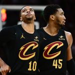 May 13, 2025; Cleveland, Ohio, USA; Cleveland Cavaliers guard Darius Garland (10) and guard Donovan Mitchell (45) react during the second half against the Indiana Pacers in game five of the second round for the 2025 NBA Playoffs at Rocket Arena.