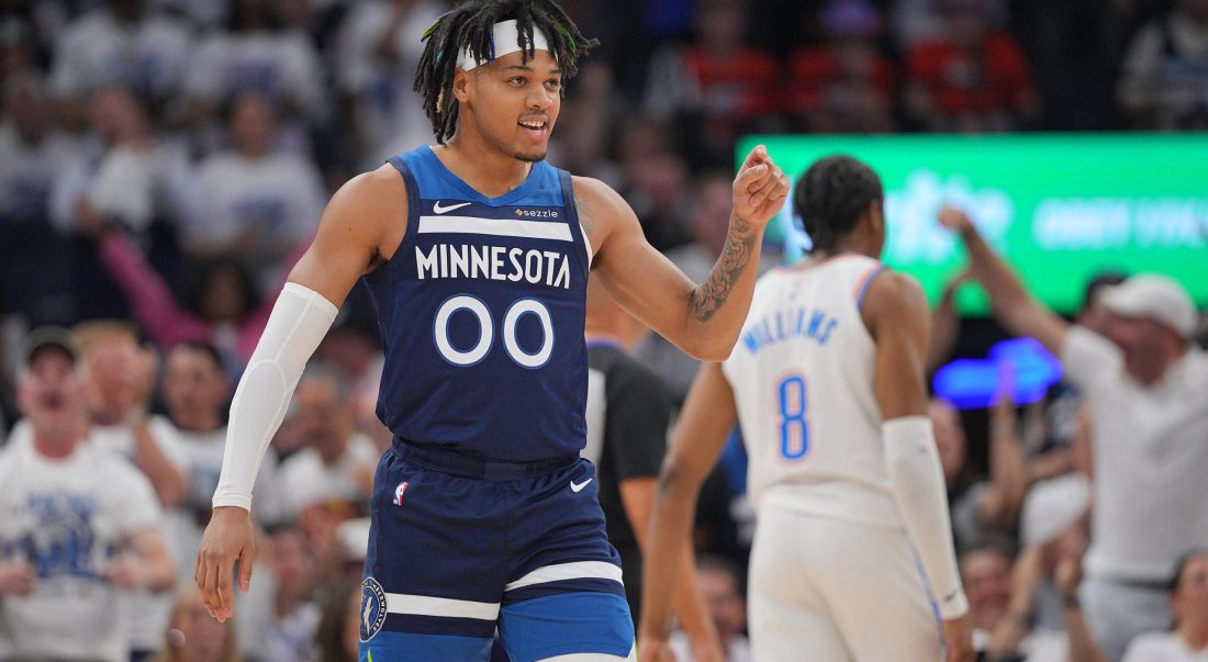 May 24, 2025; Minneapolis, Minnesota, USA; Minnesota Timberwolves guard Terrence Shannon Jr. (00) reacts against the Oklahoma City Thunder during the first half in game three of the western conference finals for the 2025 NBA Playoffs at Target Center. Mandatory Credit: Brad Rempel-Imagn Images