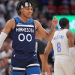 May 24, 2025; Minneapolis, Minnesota, USA; Minnesota Timberwolves guard Terrence Shannon Jr. (00) reacts against the Oklahoma City Thunder during the first half in game three of the western conference finals for the 2025 NBA Playoffs at Target Center. Mandatory Credit: Brad Rempel-Imagn Images