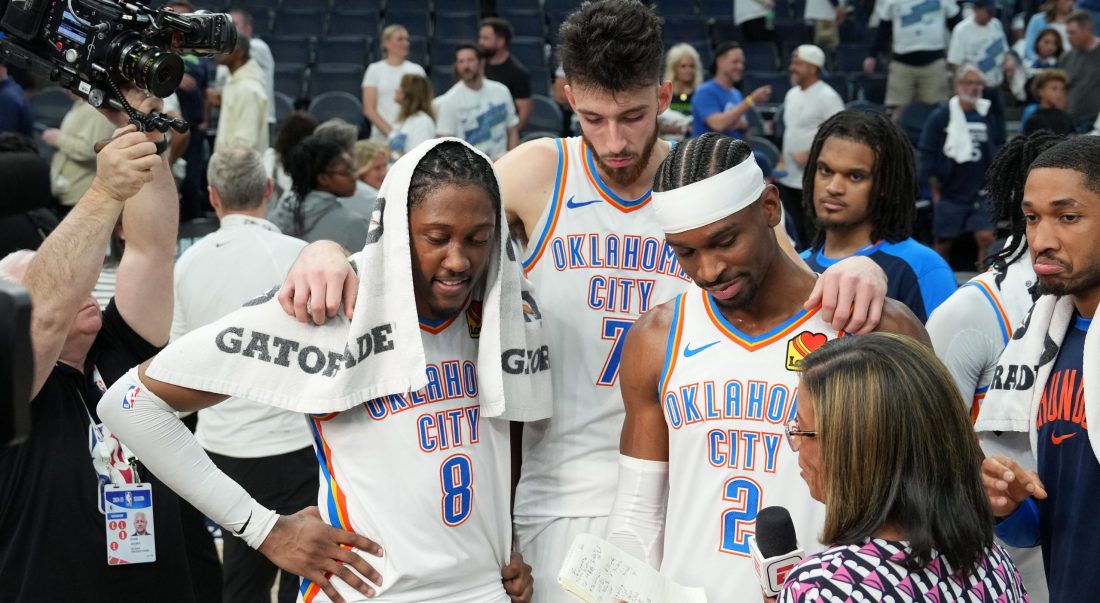 May 26, 2025; Minneapolis, Minnesota, USA; Oklahoma City Thunder forward Jalen Williams (8), forward Chet Holmgren (7) and guard Shai Gilgeous-Alexander (2) talk to the media after defeating the Minnesota Timberwolves in game four of the western conference finals for the 2025 NBA Playoffs at Target Center. Mandatory Credit: Jesse Johnson-Imagn Images