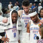 May 26, 2025; Minneapolis, Minnesota, USA; Oklahoma City Thunder forward Jalen Williams (8), forward Chet Holmgren (7) and guard Shai Gilgeous-Alexander (2) talk to the media after defeating the Minnesota Timberwolves in game four of the western conference finals for the 2025 NBA Playoffs at Target Center. Mandatory Credit: Jesse Johnson-Imagn Images
