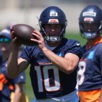 Jun 10, 2025; Denver, CO, USA; Denver Broncos quarterback Bo Nix (10) during minicamp at Broncos Park Powered by CommonSpirit.