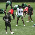 Jun 11, 2025; Florham Park, NY, USA; New York Jets cornerback Sauce Gardner (1) warms up during minicamp at Atlantic Health Jets Training Center. Mandatory Credit: John Jones-Imagn Images