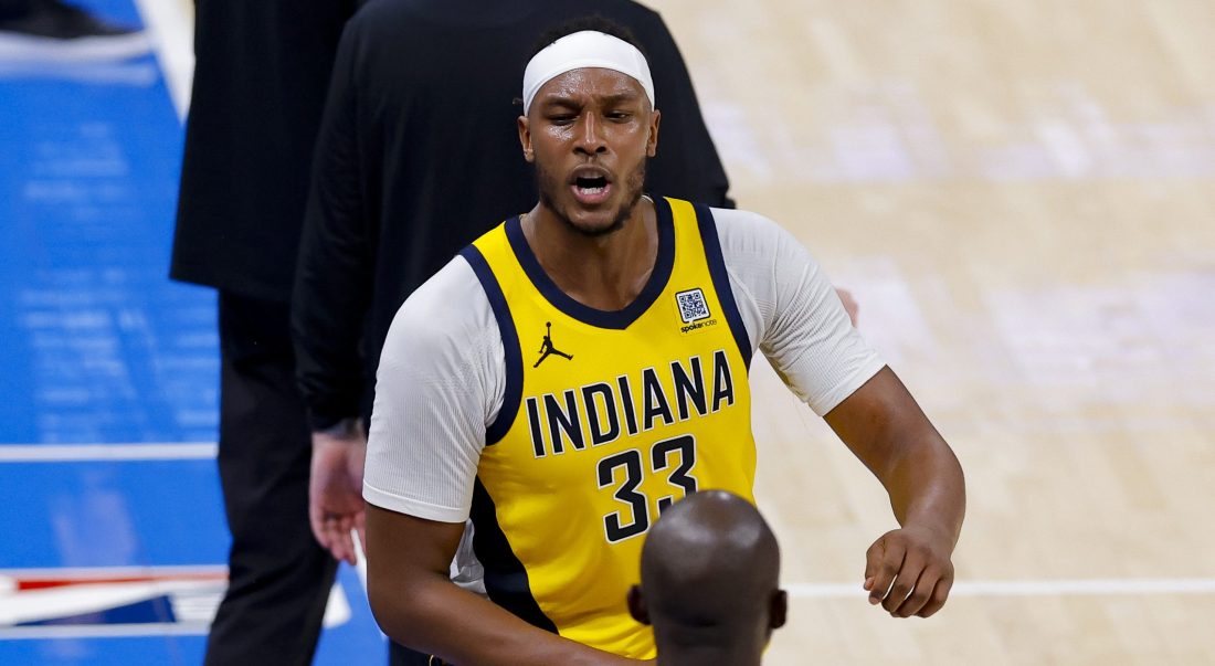 Jun 16, 2025; Oklahoma City, Oklahoma, USA; Indiana Pacers center Myles Turner (33) reacts during the third quarter against the Oklahoma City Thunder in game five of the 2025 NBA Finals at Paycom Center. Mandatory Credit: Alonzo Adams-Imagn Images