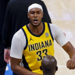 Jun 16, 2025; Oklahoma City, Oklahoma, USA; Indiana Pacers center Myles Turner (33) reacts during the third quarter against the Oklahoma City Thunder in game five of the 2025 NBA Finals at Paycom Center. Mandatory Credit: Alonzo Adams-Imagn Images