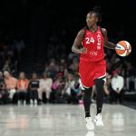 Jun 20, 2025; Las Vegas, Nevada, USA; Las Vegas Aces guard Jewell Loyd (24) dribbles the ball during the first half of an WNBA basketball game against the Seattle Storm at Michelob Ultra Arena.