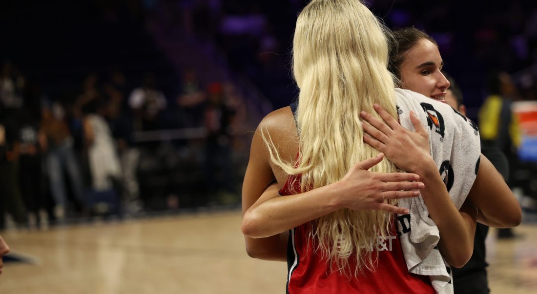 Jun 22, 2025; Washington, District of Columbia, USA; Washington Mystics guard Sonia Citron (R) hugs Washington Mystics forward Kiki Iriafen (44) after their overtime game against the Dallas Wings at Entertainment & Sports Arena. Mandatory Credit: Geoff Burke-Imagn Images