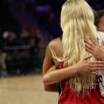 Jun 22, 2025; Washington, District of Columbia, USA; Washington Mystics guard Sonia Citron (R) hugs Washington Mystics forward Kiki Iriafen (44) after their overtime game against the Dallas Wings at Entertainment & Sports Arena. Mandatory Credit: Geoff Burke-Imagn Images
