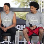 Jun 28, 2025; San Antonio, TX, USA; San Antonio first round draft picks Carter Bryant (left) and Dylan Harper answer questions during the Spurs Family Cookout at Victory Capital Performance Center.