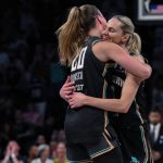 Jul 16, 2025; Brooklyn, New York, USA; New York Liberty guard Marine Johannes (23) is embraced by guard Sabrina Ionescu (20) after hitting a three point basket against the Indiana Fever during the second half at Barclays Center. Mandatory Credit: John Jones-Imagn Images