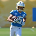 Jul 17, 2025; El Segundo, CA, USA; Los Angeles Chargers receiver Ladd McConkey (15) carries the ball during training camp at The Bolt. Mandatory Credit: Kirby Lee-Imagn Images
