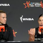 Sabrina Ionescu (left) and Kelsey Plum answers questions Saturday, July 19, 2025, at a press conference after the WNBA All-Star Game at Gainbridge Fieldhouse in Indianapolis.