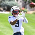 Jul 23, 2025; Foxborough, MA, USA; New England Patriots wide receiver Kayshon Boutte (9) makes a catch during training camp at Gillette Stadium.