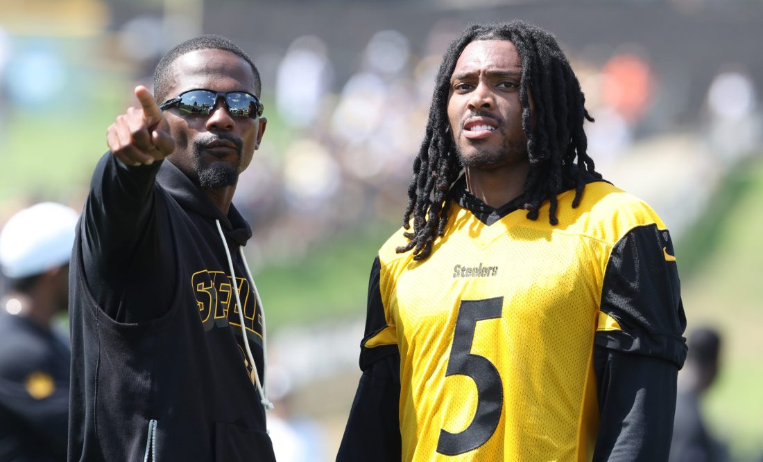 Jul 24, 2025; Latrobe, PA, USA; Pittsburgh Steelers cornerback Jalen Ramsey (5) participates in drills during training camp at Saint Vincent College.